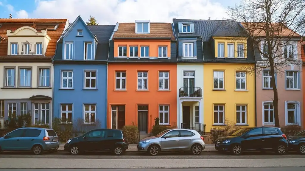 Bunte Stadthäuser mit geparkten Autos